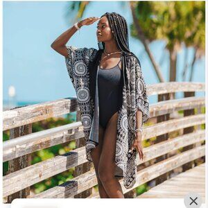Bondi Mandala Black White Kimono Coverup Boho Beach Festival